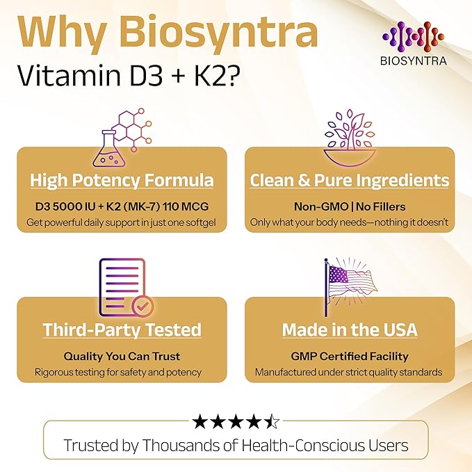 Vitamine D3+K2 à l'huile de coco - Vitamine D végétalienne 5 000 UI et vitamine K MK7 110 mcg pour le soutien des os, du cœur et du système immunitaire, sans OGM, testé par des tiers, sans soja, haute absorption, 60 gélules végétales molles