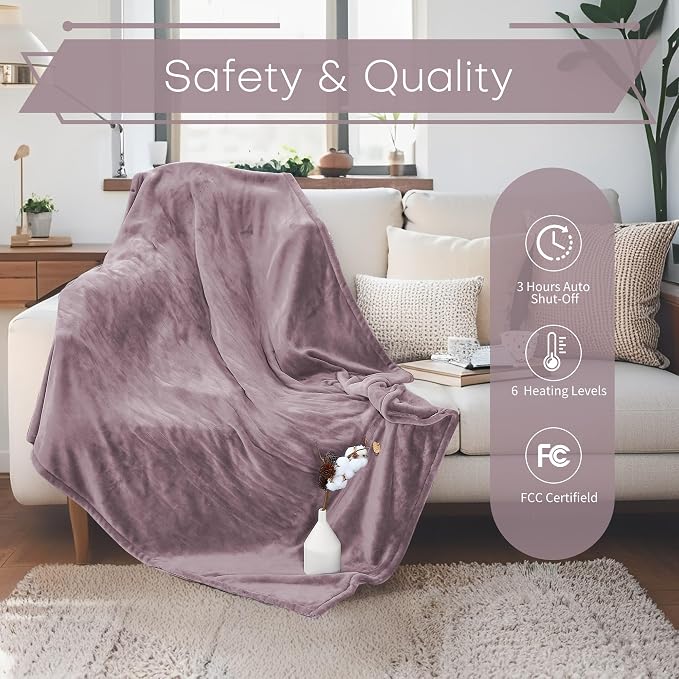 Electric Heated Blanket Throw Size 50"x60" - Flannel & Sherpa Fabric Dual-Sided, 6 Heat Settings & 1-3 Hours Auto Off, Soft & Cozy Machine Washable, Lavender Purple