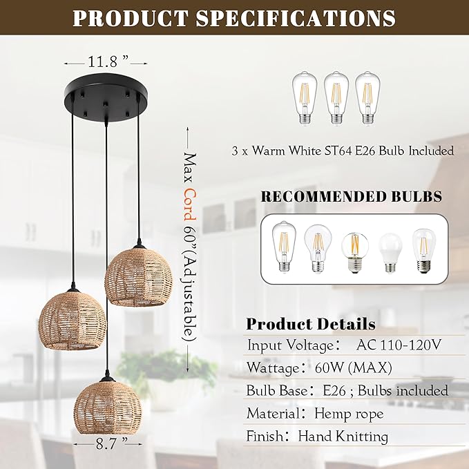 3-Light Mini Hemp Rope Woven Pendant Light Kitchen Island,3 Dome Hand Woven Boho Rattan Chandelier Farmhouse Wicker Ceiling Light,rustic Light Fixture For Living Room Hallway Dining Room(Bulb Incl.
