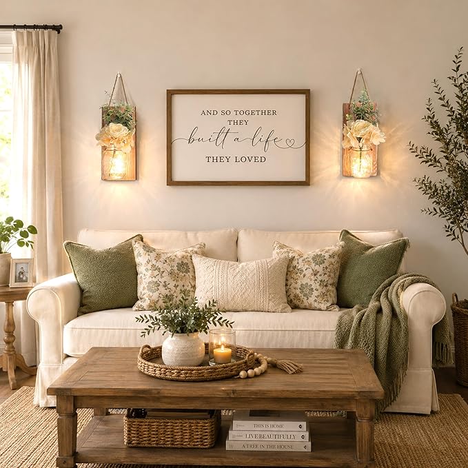 Wall Sconces Set of 2 with Remote, Farmhouse Wood Wall Art Decor for Home Living Room Bedroom Decorations with Rose Bouquet Flowers and LED Fairy Lights (Large Brown)