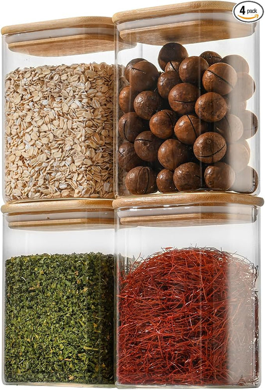 D2scrma 37oz Rectangle Airtight Glass Storage Containers with Bamboo Lids (Set of 4), Square Food Storage Jar, Pantry Organizers for Cereal, Nuts, Snacks and Coffee beans (‎with Black Lable)