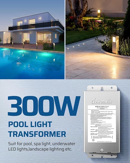 DEWENWILS 300W Low Voltage Pool Light Transformer, 120V AC to 12V/13V/14V AC, Multi-tap Safety Transformer for Pool Lighting, Spa, Underwater Fountain Lights, Outdoor Landscape Lights, UL Listed
