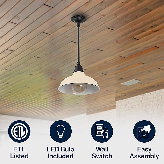 JONATHAN Y 12.25" Matte Almond 1-Light Farmhouse Indoor/Outdoor LED Pendant Iron Hanging Light, and Black Metal Shade, Rustic Ceiling Lamp for Kitchen Island, LED Bulb Included (JYL7611J)
