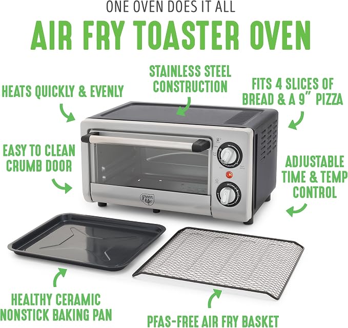 GreenLife Countertop Toaster Oven Air Fryer Stainless Steel, Healthy Ceramic Nonstick, PFAS Free, Tray & Basket, Bake, Broil, Reheat, Adjustable Temp & Time Control, Auto Shutoff, Black