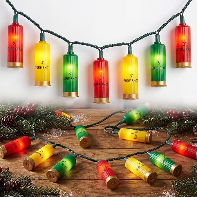 Multicolor Shotgun Shell String Lights Plug in, 8.5Ft Outdoor Christmas Decorations Lights with 10 LED 3D Bullets Lights, Hanging Novelty Bullets Shell Light for Outdoor Patio Garden Backyard Party