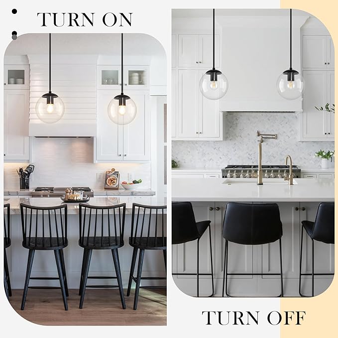 Bagood 8" Globe Pendant Light Black 2 Pack Mid Century Pendant Light Globe Pendant Lights Kitchen Island Matte Black Finished with Clear Glass Adjustable Ceiling Light Fixtures for Dining Room Bar
