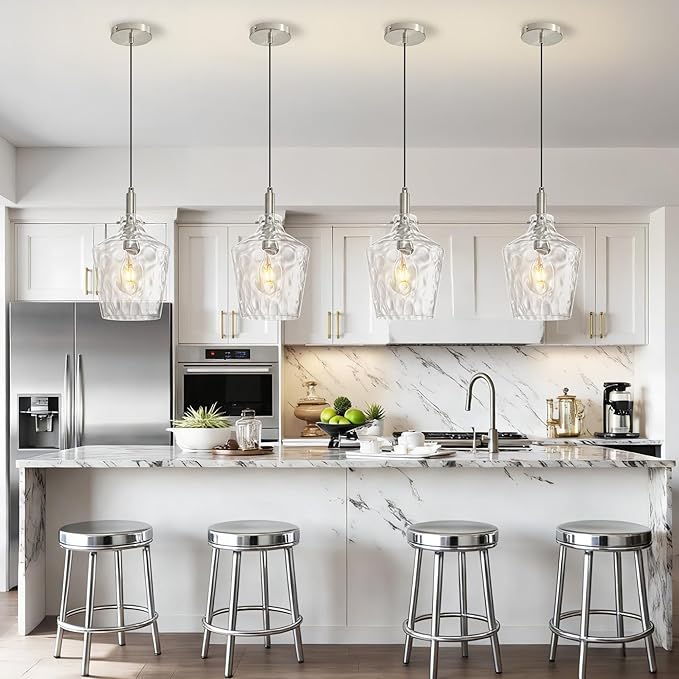 Modern Hammered Glass Pendant Lighting for Kitchen Island 1 Pack, Farmhouse Nickel Pendant Light Fixtures, Height Adjustable Ceiling Pendant Light, 8 Inch