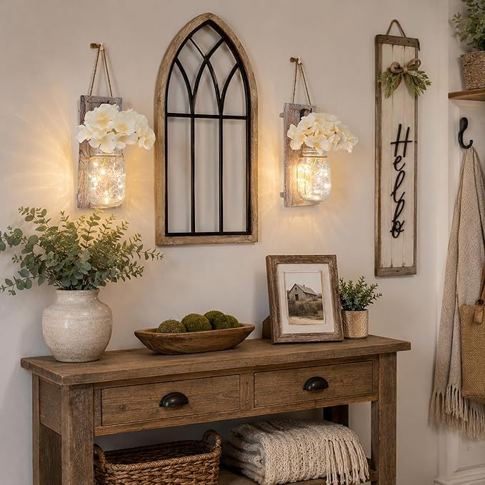 Rustic Mason Jar Sconces Wall Decor - Set of 2 Hanging Wooden Wall Art with LED String Lights & Remote Timer - Vintage Farmhouse Decoration for Living Room or Bedroom, Rustic Brown