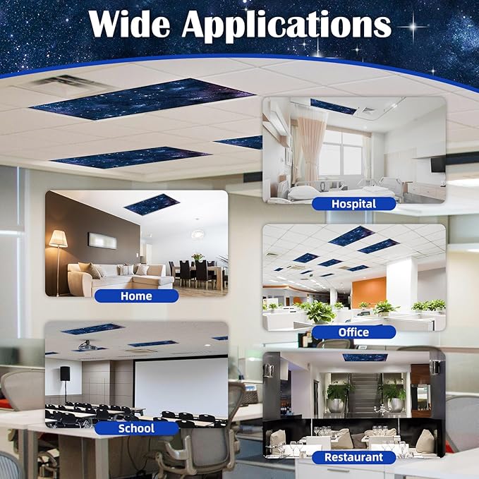 ANGSYLTH 8 Pcs Fluorescent Light Covers - 4 x 2 Feet Covers for Ceiling Lights, 8 x 10 Magnetic Light Filters for Classroom, Office, Hospitals (Starry Sky)