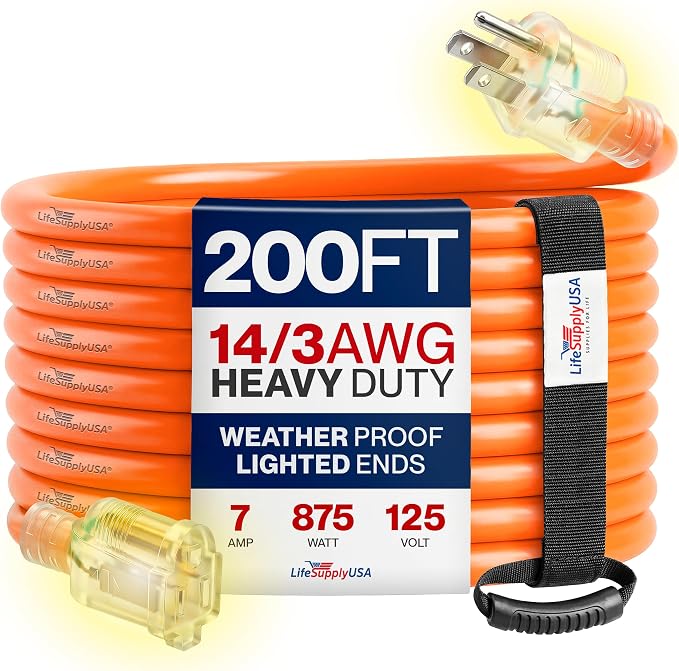 200ft Outdoor/Indoor Extension Cord 14/3 Gauge Heavy Duty 3 Prong SJTW, Waterproof, Flexible Cold-Resistant Long Power Cord,7A 125V 875W, Orange by LifeSupplyUSA