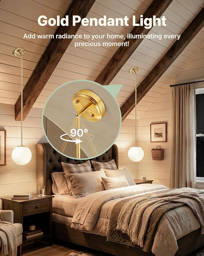 Majade Globe Pendant Lights Kitchen Island Mid Century Modern Pendant Light Fixtures 7.4 Inch Gold Ceiling Lighting with Milk Glass Shade Adjustable Brushed Brass Hanging Light for Dining Room