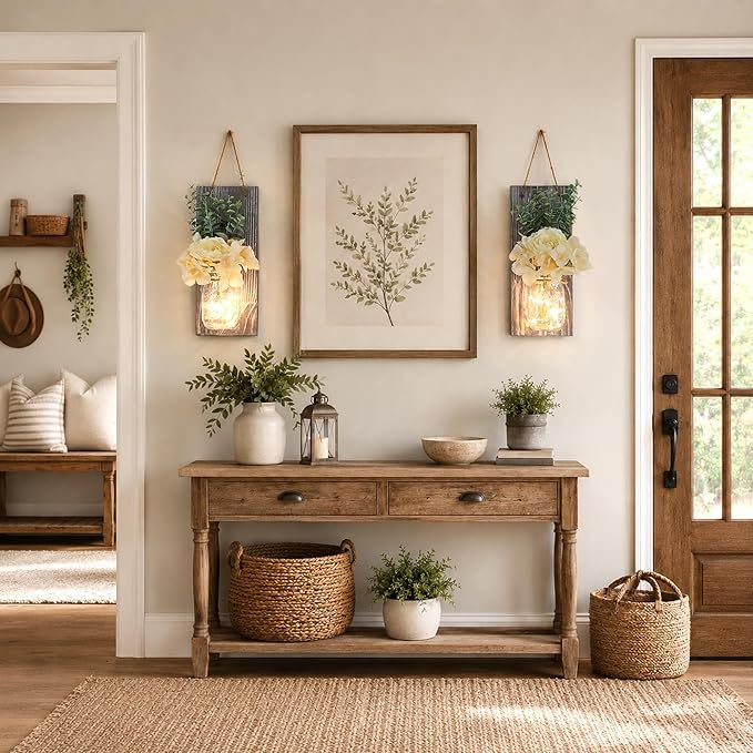Modern Farmhouse Wall Decor Set of 2, Rustic Wall Art Living Room Decor with Led Fairy Lights and Rose Flowers, Country Home Decor Gifts, X-Large Rustic Grey