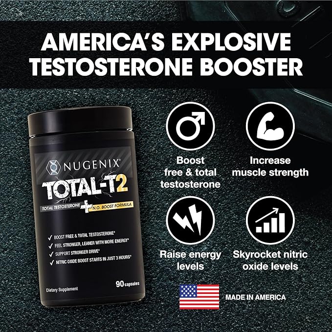 Nugenix Total-T2 - Testosterone Booster and Nitric Oxide Booster for Men, Tesnor, S7, ElevATP, Tongkat, Citrulline, Nitric Oxide and Testosterone Supplement for Men (180 Count)