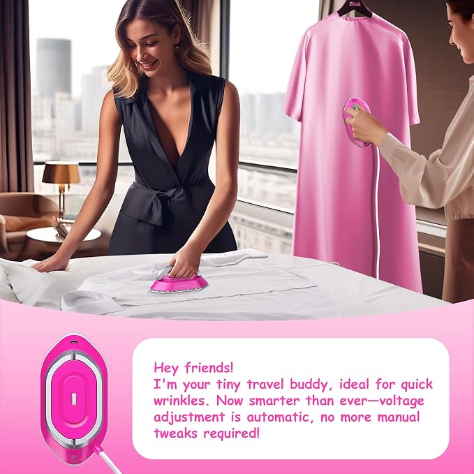 Newbealer Travel Iron Set, 100-240V Mini Dry Iron for Clothes (No Steam) | Max 300W, Heats in 60s, 302℉ Ceramic Soleplate, Handy Heat Press, 0.8lbs Lightweight for Quick Touch-ups Worldwide (Hotpink)