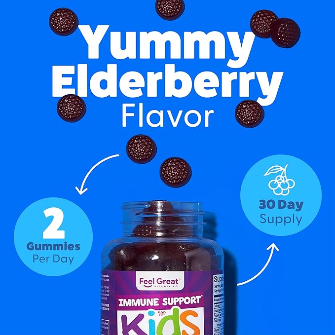 Soutien immunitaire optimal pour les enfants | Gommes de Vitamine C, Zinc et Sureau | Multivitamine immunité Sambucus Nigra | Végétarien | 60 jours de traitement