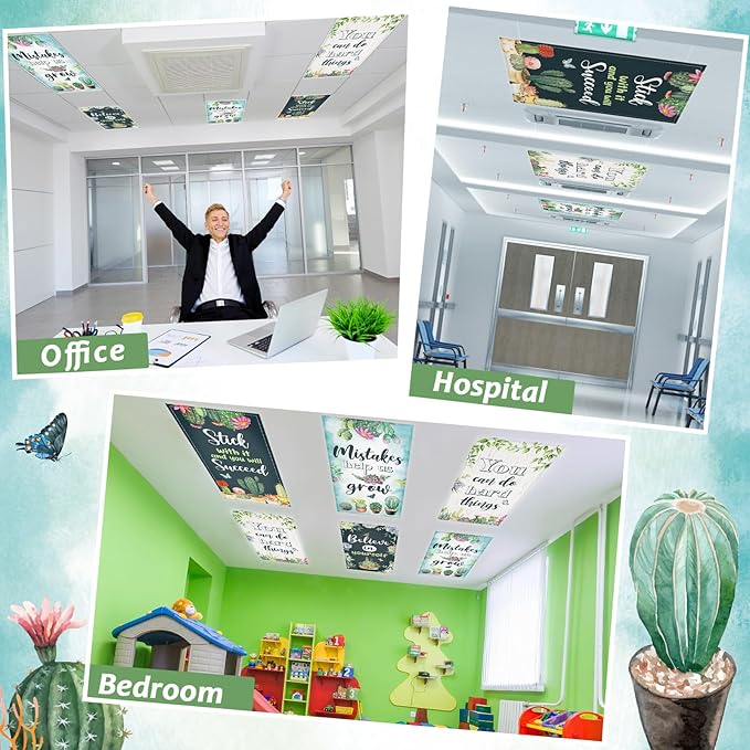 8 Pcs Fluorescent Light Covers with 80 Magnets Decorative for Classroom Ceiling Lights 4 x 2 Feet Magnetic Light Cover Filter Easy Install for Office Hospitals Drop Home Ceiling Supplies (Succulent)