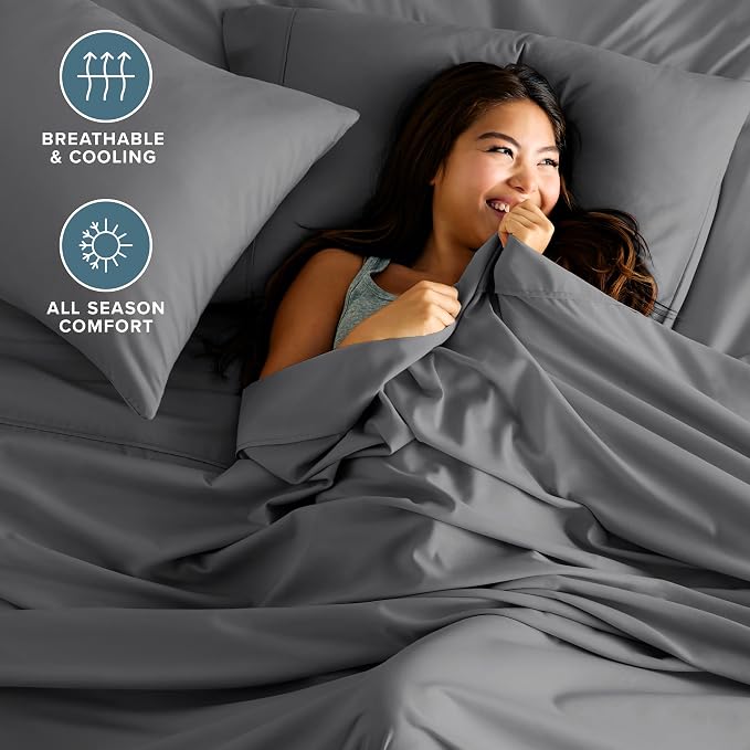 Bare Home Short Queen Sheet Set - 1800 Ultra-Soft Microfiber Bed Sheets - Double Brushed - Deep Pockets - Easy Fit - 4 Piece Set - Bedding Sheets & Pillowcases (Short Queen, Grey)