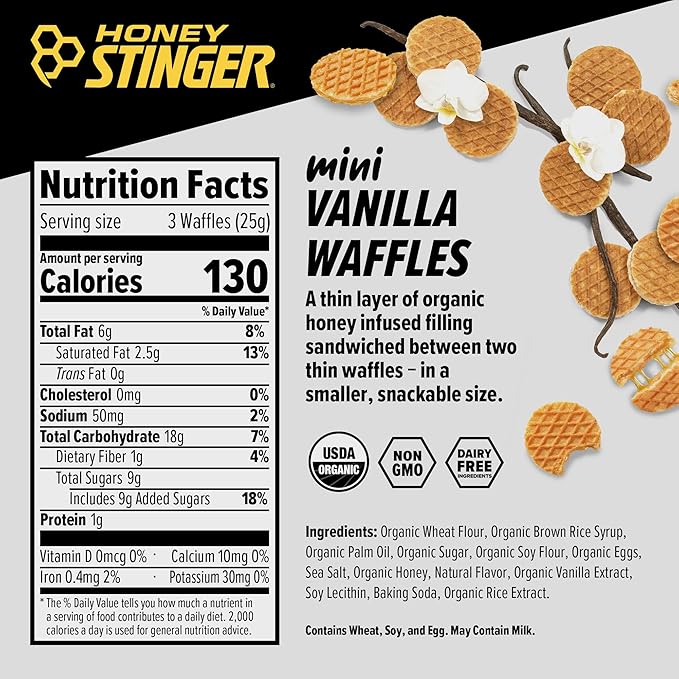 Honey Stinger Organic Mini Vanilla Waffles,Energy Stroopwafel for Exercise,Endurance and Performance,Sports Nutrition for Home & Gym,Pre and Post Workout,1 Bag,5.3 Ounce,(Pack of 2)