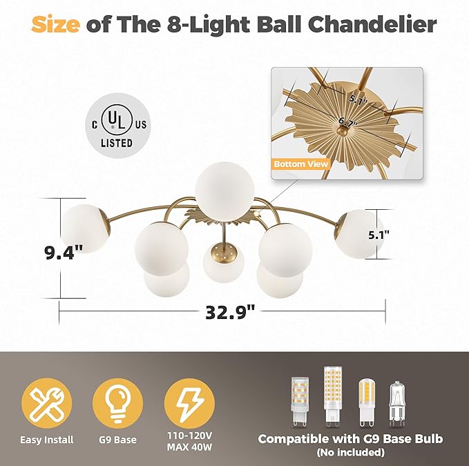 8-Light Milk Glass Pendant Light, 33" Sputnik Bubble Glass Chandelier Light Fixture, Hand Blown Semi Flush Mount Ceiling Chandeliers Lighting for Dining Room, Living Room (Gold, 8-Light Ceiling)