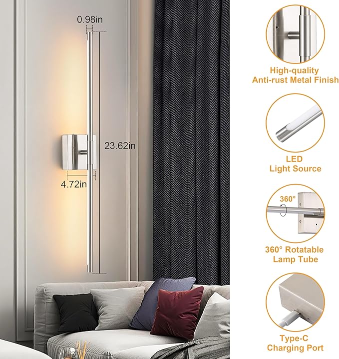 Morauroral Battery Operated Wall Sconces Set of 2, Dimmable Battery Wall Sconce with Remote Control, Sand-Nickel LED Rechargeable Sconces, 24 Inch Modern Wireless Wall Lights for Bedroom, Living Room