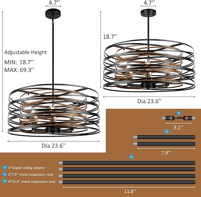 ACNKTZ 23.6'' Rustic Large Drum Chandeliers for Dining Room, 6-Light Modern Farmhouse Lighting for Kitchen Island, Retro Round Entryway Light Fixture, Black with Retro Wood Texture Interior