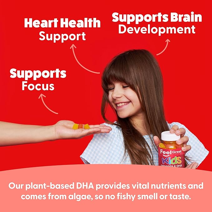 Feel Great Vitamins Kids DHA Gummies with Omega 3 6 9, Vitamin C (2-Pack) | Supports Healthy Brain Function, Vision & Heart Health | Gluten Free, Vegetarian | 60 Gummies