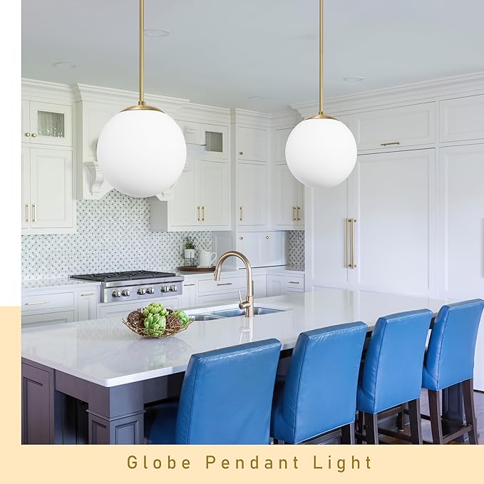 Bagood 14" Globe Pendant Light 3-Light Gold Mid Century Modern Light Fixture Milk Glass Pendant Light Globe Pendant Lights Kitchen Island Brushed Brass Finished with Milk Glass Lampshade for Bedroom