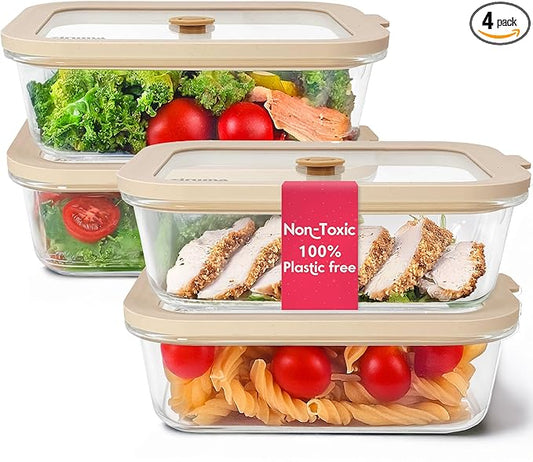 Ziruma Non-Toxic Glass Food Containers with Lids, 4-Pack, 35 oz, Beige | Plastic & BPA free. Glass body, glass lid & platinum silicone seal. Airtight & leakproof. Freezer & microwave safe.