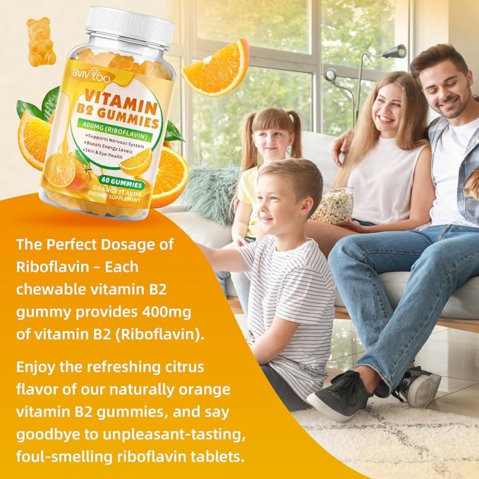 Lot de 2 Gommes Vitamine B2 - Riboflavine 400 mg pour Enfants et Adultes, Soulagement des Migraines et des Maux de Tête, Véganes, Sans Sucre, Arôme Orange, 120 Gommes