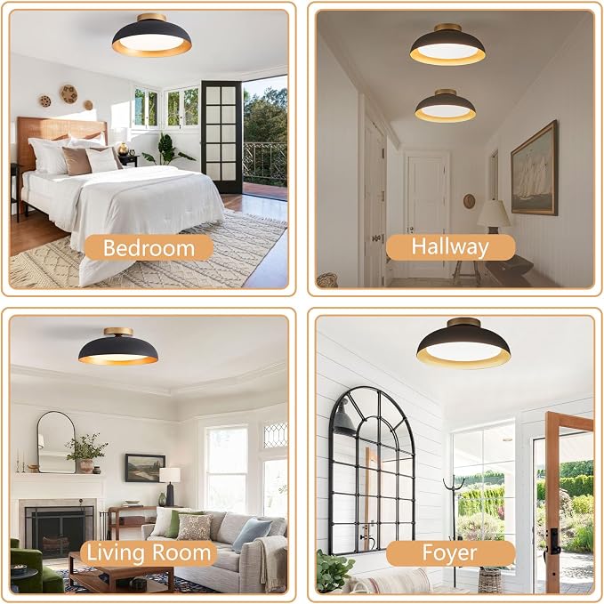 Bargeni Flush Mount Ceiling Light, Mid Century Black&Gold Fixture | 12.5" ETL-listed LED ceiling light with 5CCT dimming, ideal for bedrooms, kitchens, hallways and entryways