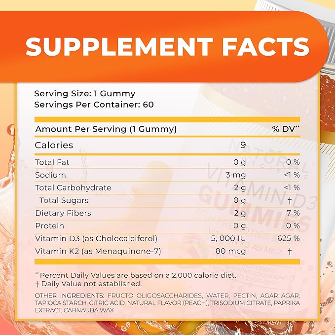 Gummies de Vitamine D3 K2 Sans Sucre - Gummies de Vitamine D3 5000 UI+K2 MK7 80 mcg, Supplément de Vitamine K2 D3 pour Adultes, Vitamine D K2 pour les Os, l'Immunité, le Cœur, l'Humeur, Sans Gluten, Sans OGM, Saveur Pêche Naturelle