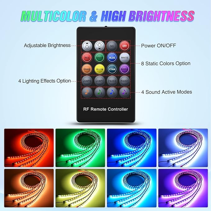 Nilight 4Pcs Car Underglow Neon Accent Strip Lights 252 LEDs RGB 8 Color Sound Active Function Music Mode with Wireless Remote Control Underbody Light Strips for Cars Van SUV Truck