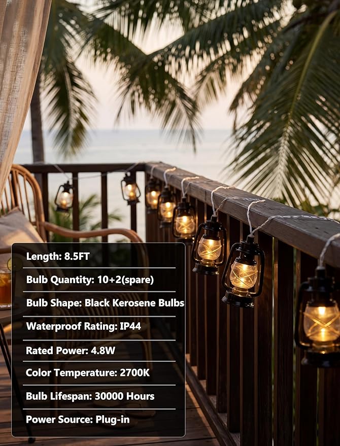 8.5Ft Black Mini Kerosene String Lights, Vintage Decorative String Lights with 10 LED Kerosene Lantern Bulbs, Waterproof Connectable Plug in Fairy Lights for Camping Patio Bedroom Party Holiday Decor
