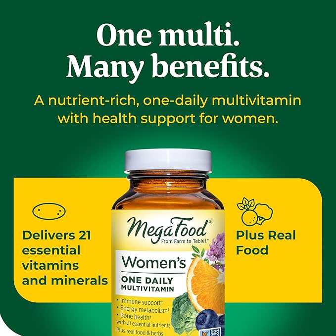 MegaFood Multivitamine pour femmes Une par jour - Multivitamine pour femmes - Vitamine C, Vitamine D, Fer et Vitamines B - Soutien osseux, métabolique et immunitaire - Végétarien, Sans gluten - 36 comprimés, 36 portions