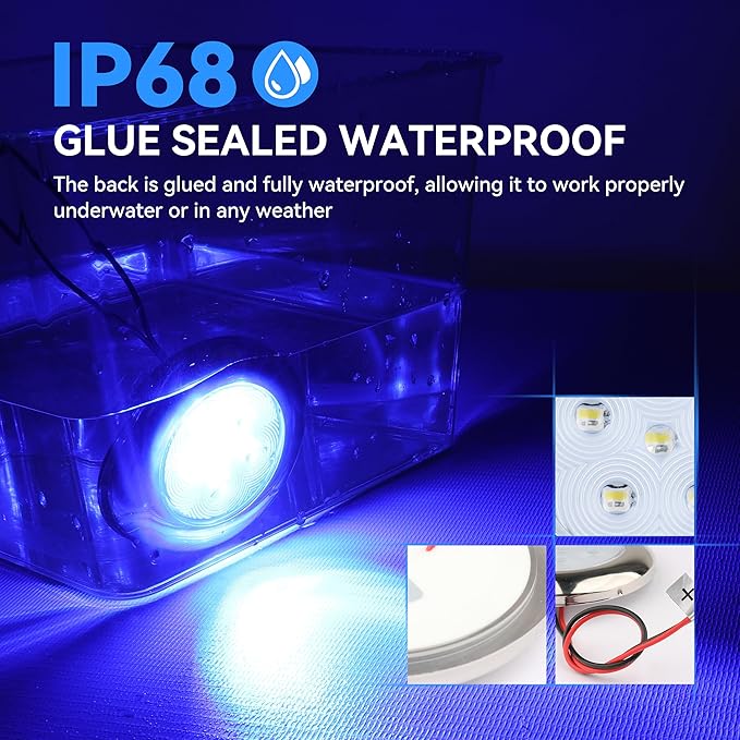 RVZONE 3 Inch White & Blue Dual Color Boat Courtesy Lights, IP68 Waterproof Stainless Steel Marine LED Light, Interior Exterior Deck Cabin Lighting for Fishing Pontoon Sailboat, 4 Pack