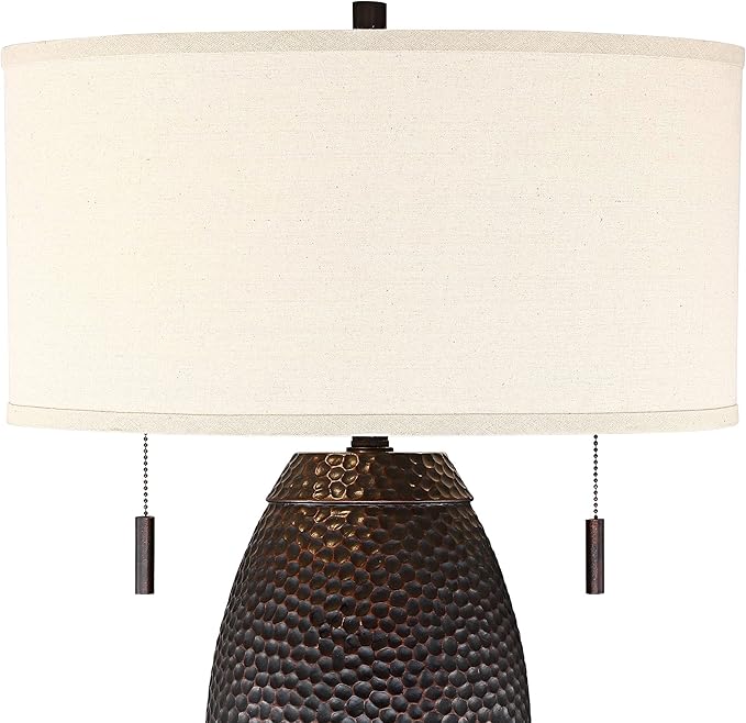 Franklin Iron Works Noah Rustic Farmhouse Industrial Vintage Table Lamp with Dimmer and USB Charging Port 31" Tall Bronze Oatmeal Drum Shade for Living Room Bedroom House Bedside Nightstand Home