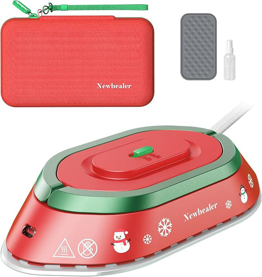 Newbealer Travel Iron Set, 100-240V Mini Dry Iron for Clothes (No Steam) | Max 300W, Heats in 60s, 302℉ Ceramic Soleplate, Handy Heat Press, 0.8lbs Lightweight for Quick Touch-ups, Classic Red w/ Case