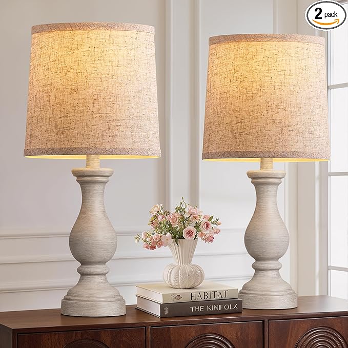 Seealle Farmhouse Table Lamps Set of 2 - Rustic Bedroom Lamps for Living Room, 22" Boho Bedside Lamp for Night Stands End Table Office Desk Lamp Nightstand Clearance Decorating with Linen Shades