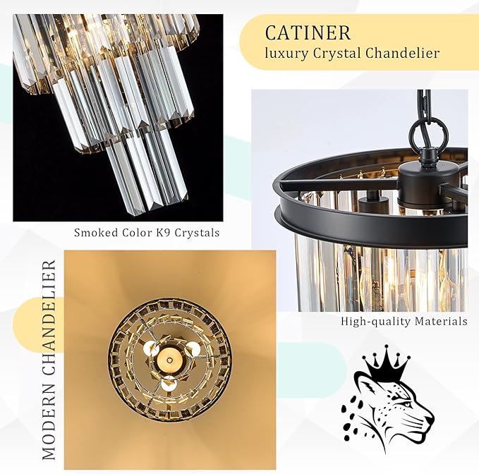 CATINER 3 Tier Black Crystal Pendant Light, Mini Smoke Gray K9 Crystal Chandelier with Adjustable Chain, Modern Small Ceiling Pendant Lighting for Kitchen Island Dining Room Hallway Bedroom Closet