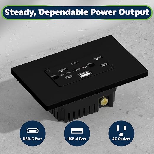 TOPGREENER 2-Port USB Outlet, Type C USB Wall Outlet, 15 Amp Tamper Resistant Receptacle Plug, USB Outlets Receptacles, Wall Plate Included, UL Listed, TU21536AC-BK-2PCS, Black, 2 Pack