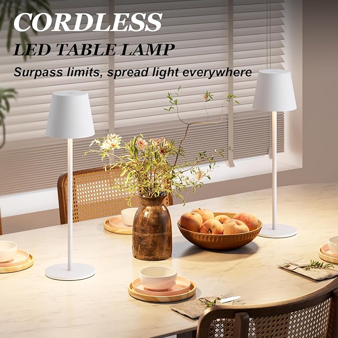 Kakanuo White Cordless Table Lamp Rechargeable - 2 Pack 5000mAH Battery Operated Lamp for Table, 3 Color Stepless Dimming Wireless Lamp for Kitchen Counter, Touch Control