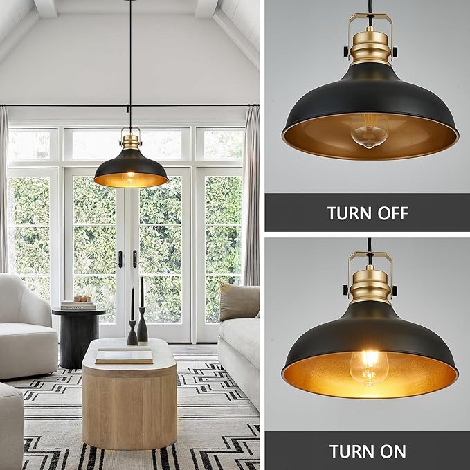 Black and Gold Farmhouse Pendant Lights Matte Pendant Lighting for Kitchen Island Industrial Adjustable Height Vintage Dome Hanging Light Fixtures for Barn, Dining Room 3 Packs