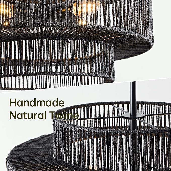 4-Light Black Boho Rattan Chandelier for Dining Room, 17.7” Hand Woven Pendant Light Fixture, Coastal Wicker Hanging Ceiling Light for Kitchen Island Living Room Bedroom Entryway Foyer