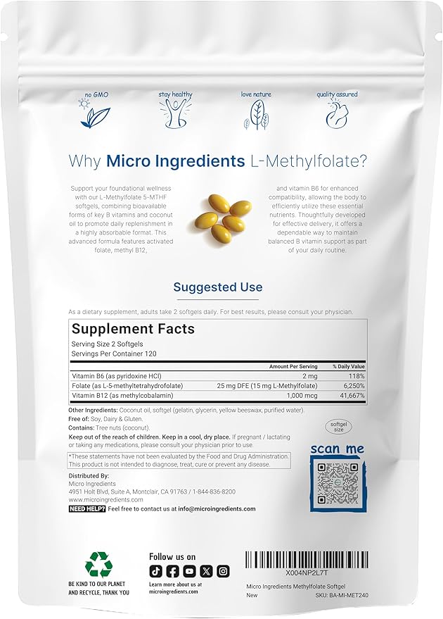 Micro Ingredients L Methylfolate 15mg, 240 Softgels | Active 5-MTHF with B6 & Methyl B12 | Methylated Vitamin B9 with Coconut Oil