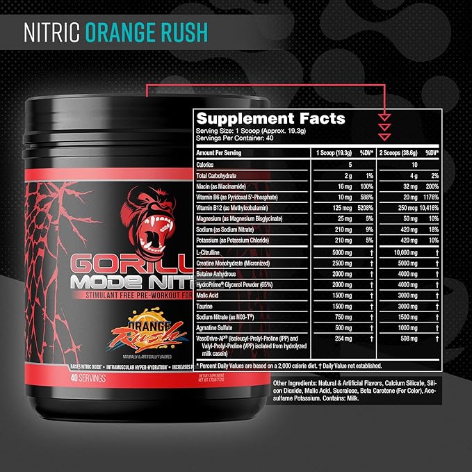 Gorilla Mode Nitric Pre-Workout Stimulant Free Amélioré – Le meilleur goût et le plus efficace des Pre-Workouts Sans Stimulants/Pompes Massives · Vasodilatation · Puissance / 772 Grammes (Orange Rush)