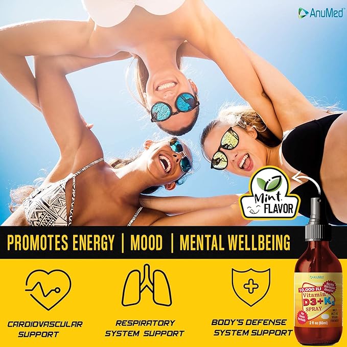 Vitamine D3 K2 10 000 UI Spray liquide avec huile de TCM biologique, Vitamine A (Rétinol) 1250mcg, K2 (MK4, MK7) Favorise la santé du cœur, des os, du système immunitaire. 100% végétalien, sans OGM, sans gluten, sans sucre ajouté (60 ml)
