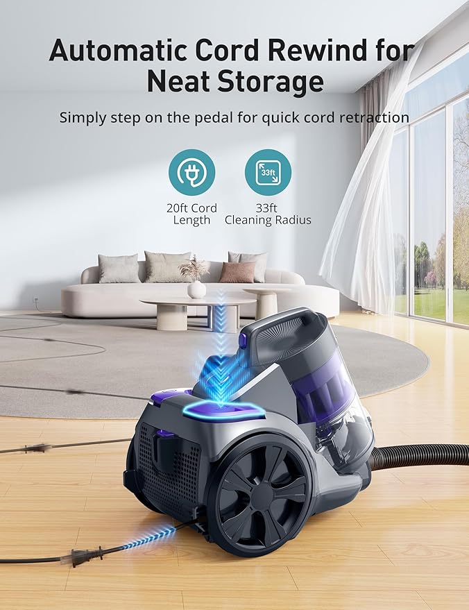 1700W Canister Vacuum Cleaner, 45Kpa Bagless Vacuum Cleaner, Multi-Cyclonic Filtration, 2 Anti-Allergen HEPA Filters, 3.5QT Dust Cup, 4 Tools, Corded Vacuum for Hard Floor, Pet Hair, Wineberry