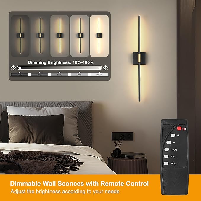 Morauroral Battery Operated Wall Sconce Single, Black Gold Rechargeable Wall Sconce with Remote, Dimmable Sconce Wall Light, 24 Inch LED Wireless Wall Light for Background Wall, Bedroom,Living Room