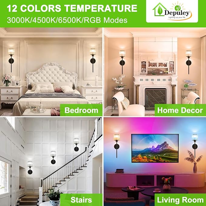 Depuley Wall Sconces Battery Operated: Set of 2 Wireless Crystal Wall Lights with Remote for Bedroom - Rechargeable 15 Colors Black Wall Lamp for Living Room Hallway Home Decor
