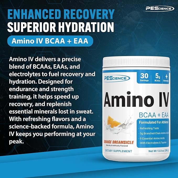 PEScience Amino IV BCAA & EAA Powder, Essential Amino Acids, Taurine, Electrolytes for Hydration and Muscle Recovery, Sugar Free for Men & Women, Post Workout - Orange Dreamsicle - 30 Servings